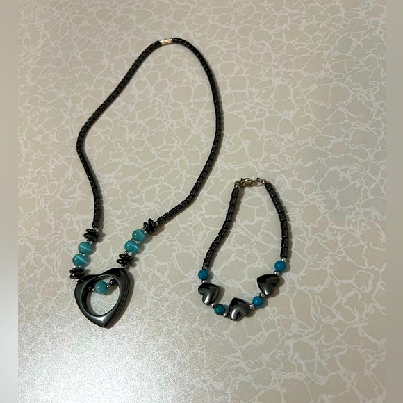 Jewelry - Hematite Necklace & Bracelet For Women both with pearls & hearts design